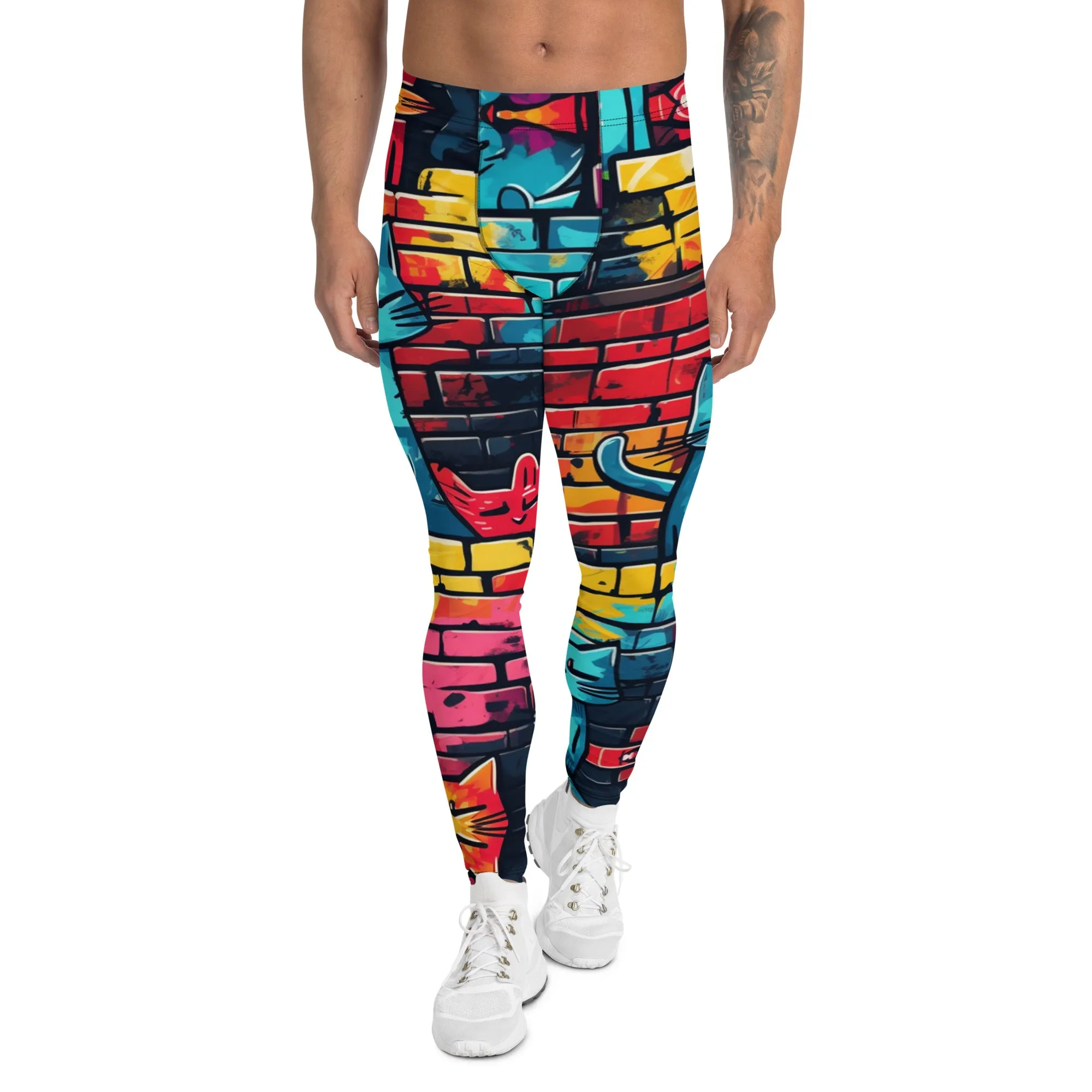 Street Art Cat Print Men’s Leggings – Urban Style with a Feline Twist