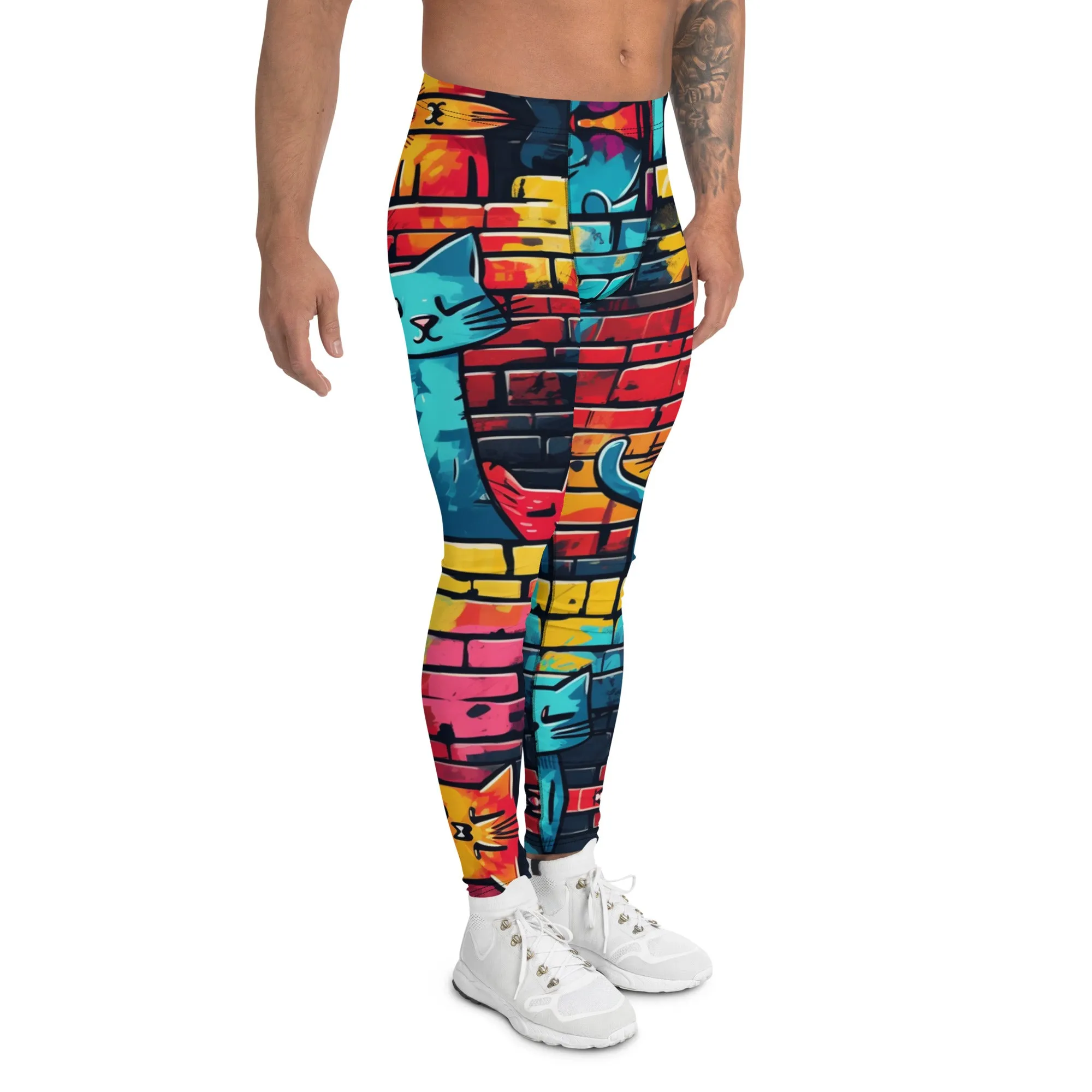 Street Art Cat Print Men’s Leggings – Urban Style with a Feline Twist