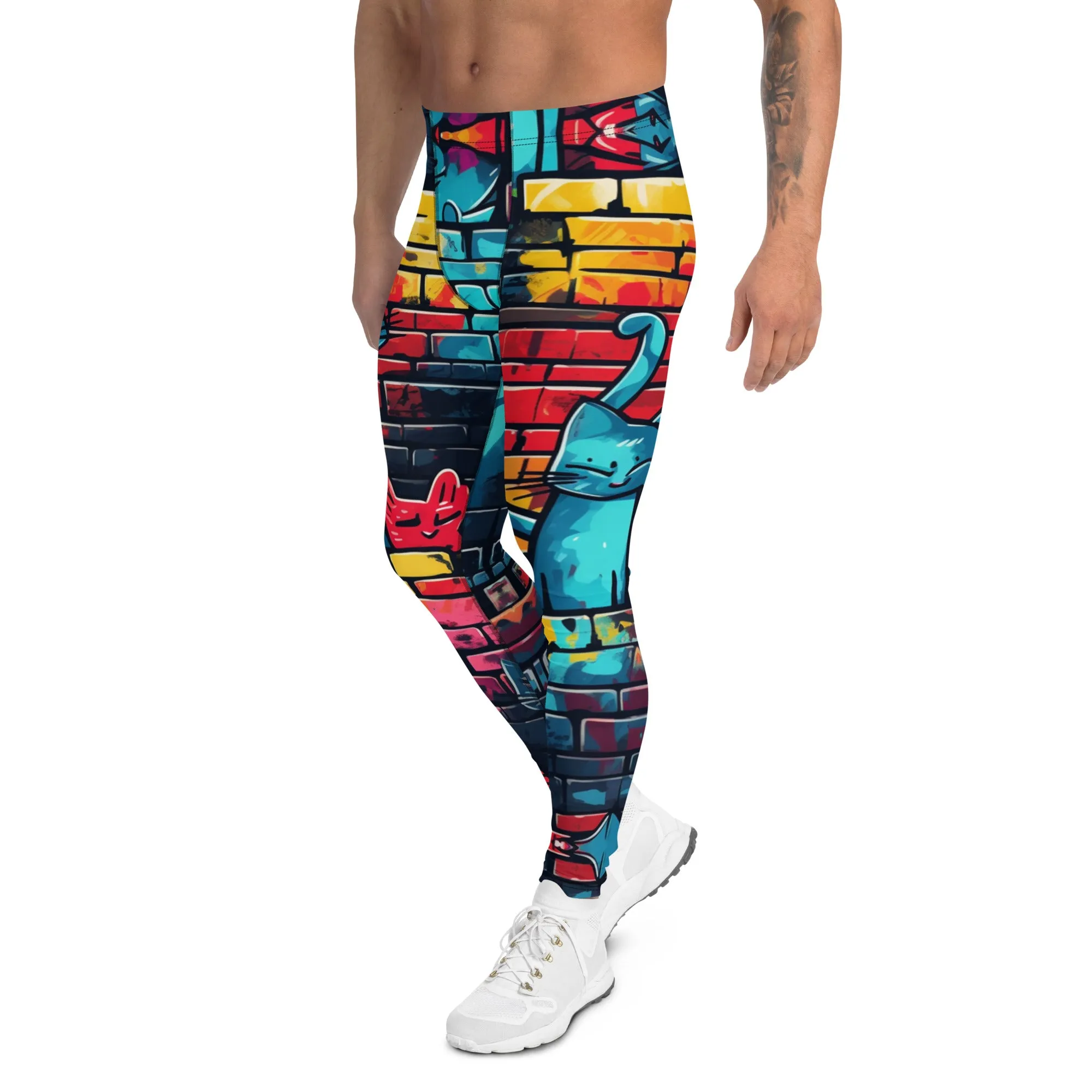 Street Art Cat Print Men’s Leggings – Urban Style with a Feline Twist