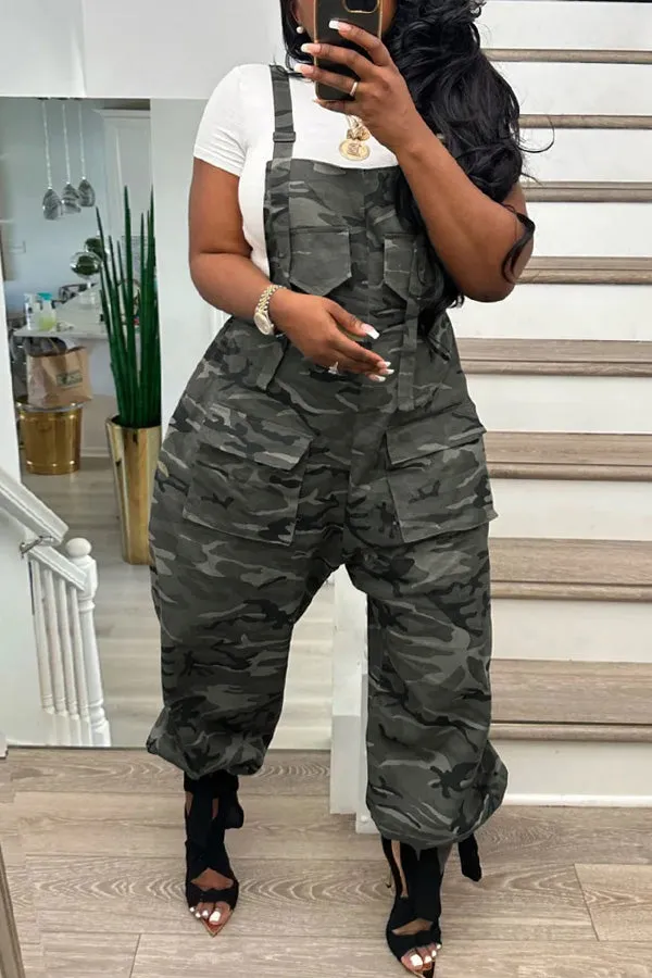 Stylish Camo Print Flap Pocket Jumpsuit