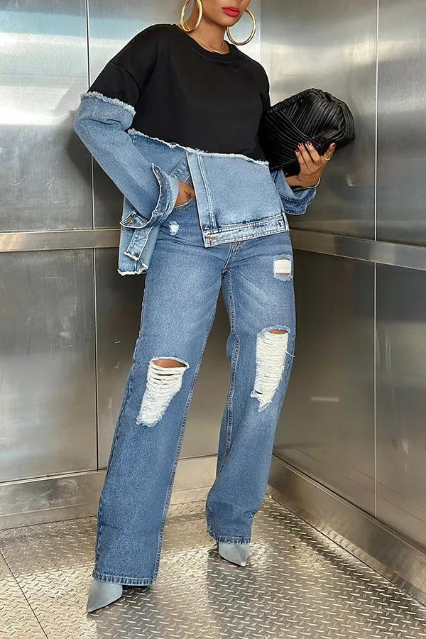 Stylish Irregular Hem Denim Patch Sweatshirt