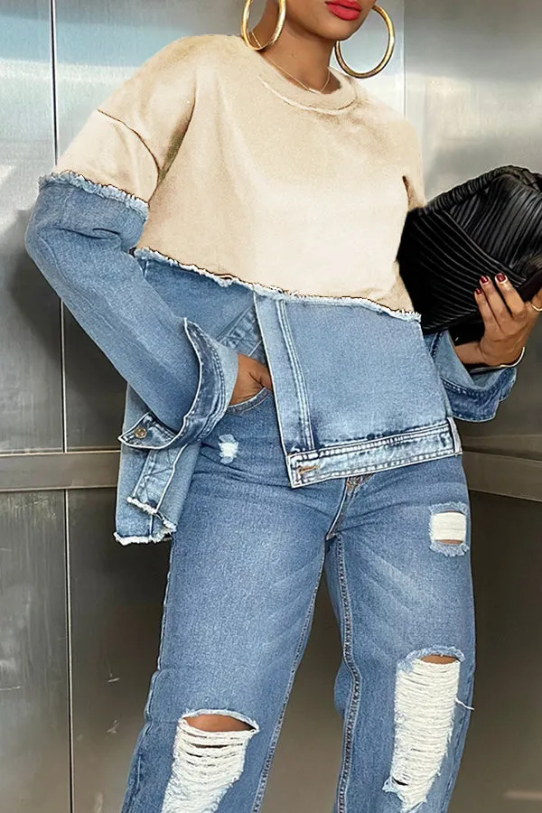 Stylish Irregular Hem Denim Patch Sweatshirt