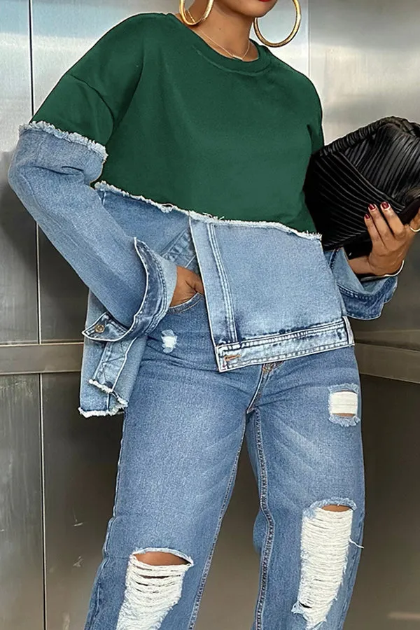 Stylish Irregular Hem Denim Patch Sweatshirt