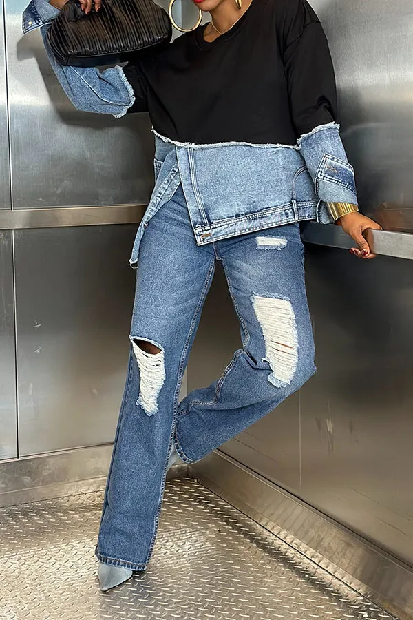 Stylish Irregular Hem Denim Patch Sweatshirt