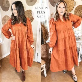 Sweet Glances Long Sleeve Tiered Midi Dress in Rust Orange