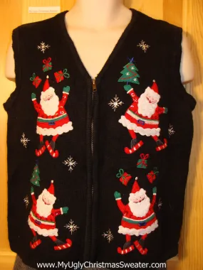 Tacky Cheap Ugly Christmas Sweater Vest with Skating Juggling Santas  (f570)