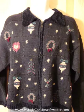 Tacky Cheap Ugly Christmas Sweater with Hearts, Ornaments, and Wreaths (f604)