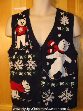 Tacky Christmas Sweater Party Ugly Sweater Vest with Skating Bears in a Winter Wonderland of Snowflakes (f841)