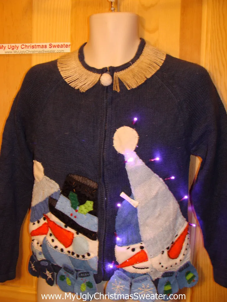 Tacky Ugly Christmas Sweater Massive Snowmen with Huge Hats with Lights and Fringe (g64)