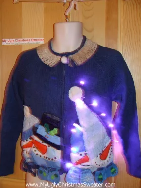 Tacky Ugly Christmas Sweater Massive Snowmen with Huge Hats with Lights and Fringe (g64)