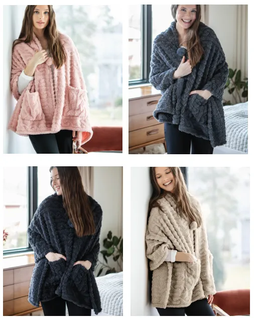 The Coziest Blanket Wrap with Front Pockets and Puff Pom Toggle Pink