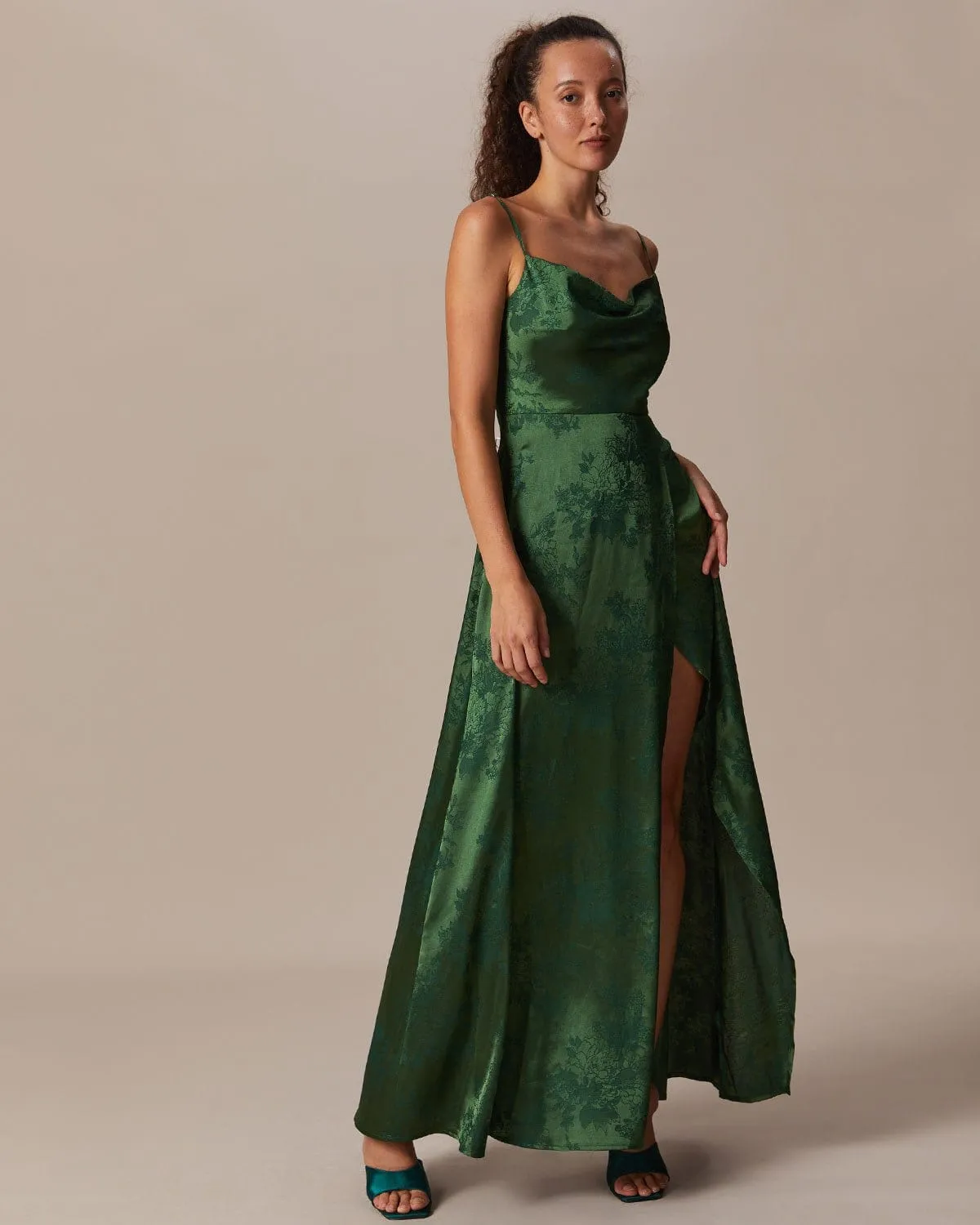 The Green Cowl Neck Jacquard Satin Maxi Dress