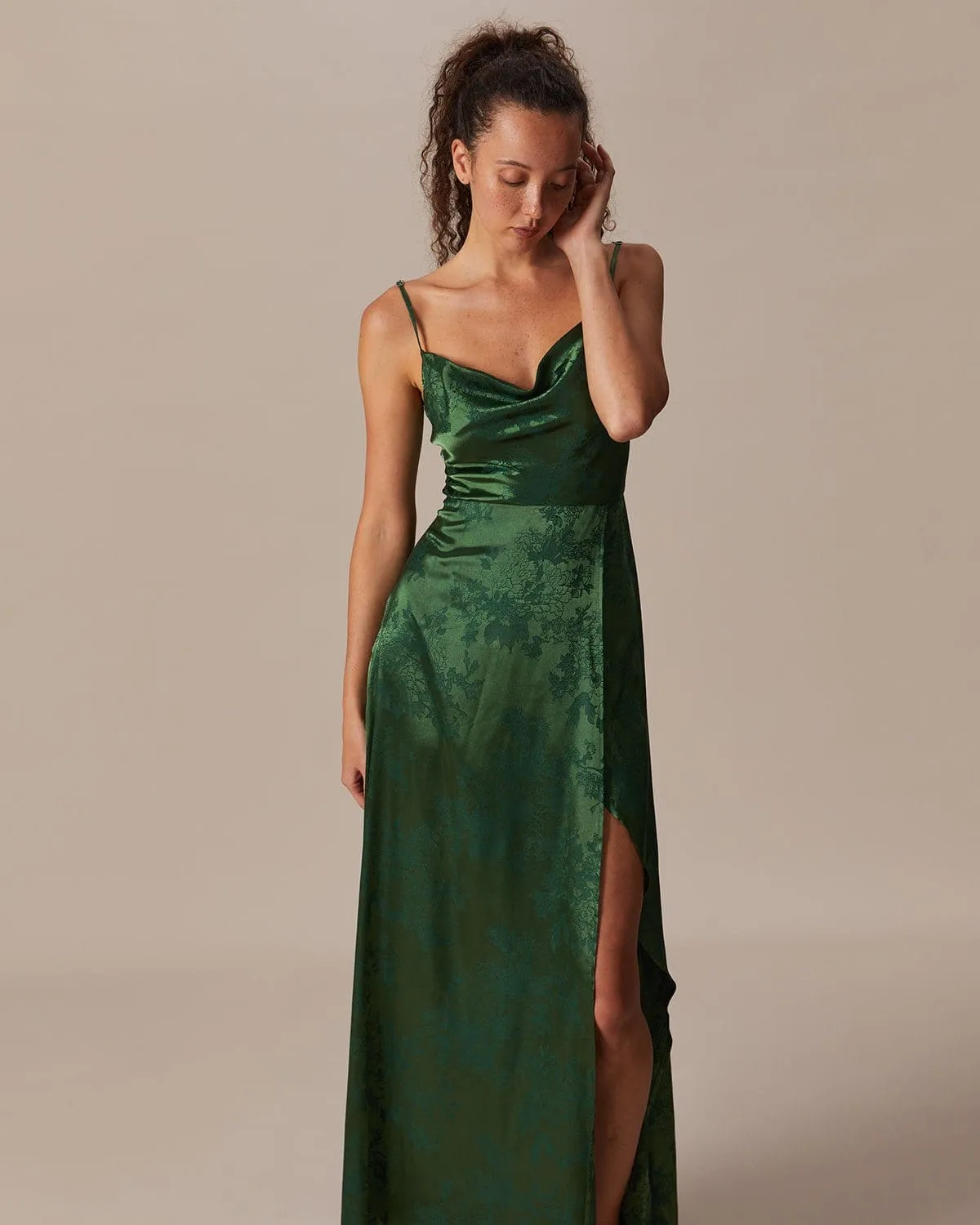 The Green Cowl Neck Jacquard Satin Maxi Dress