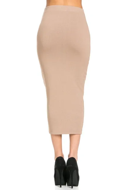 THE MYSTYLEMODE TAUPE FITTED KNIT MIDI SKIRT