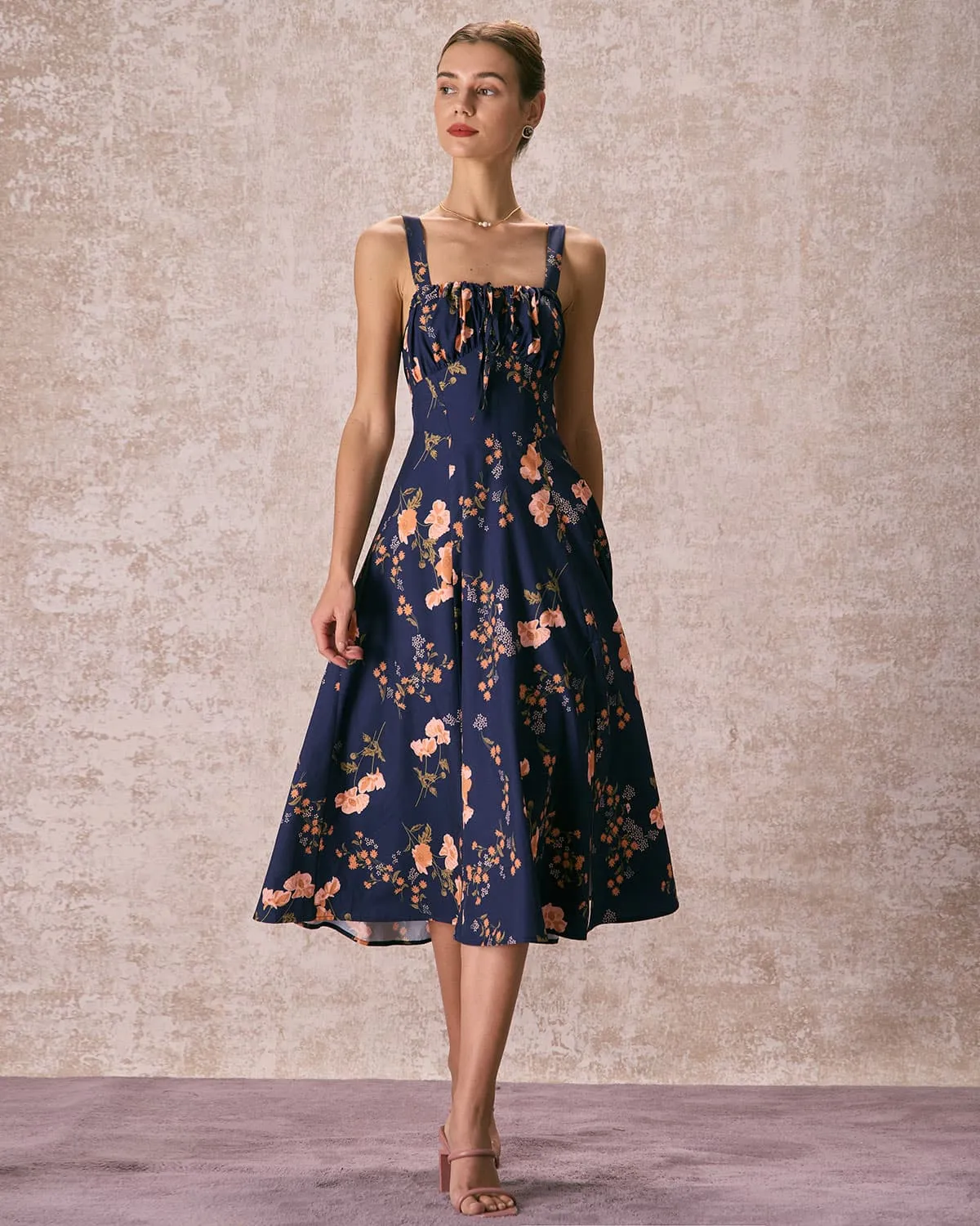 The Navy Lace Up Floral Ruched Midi Dress