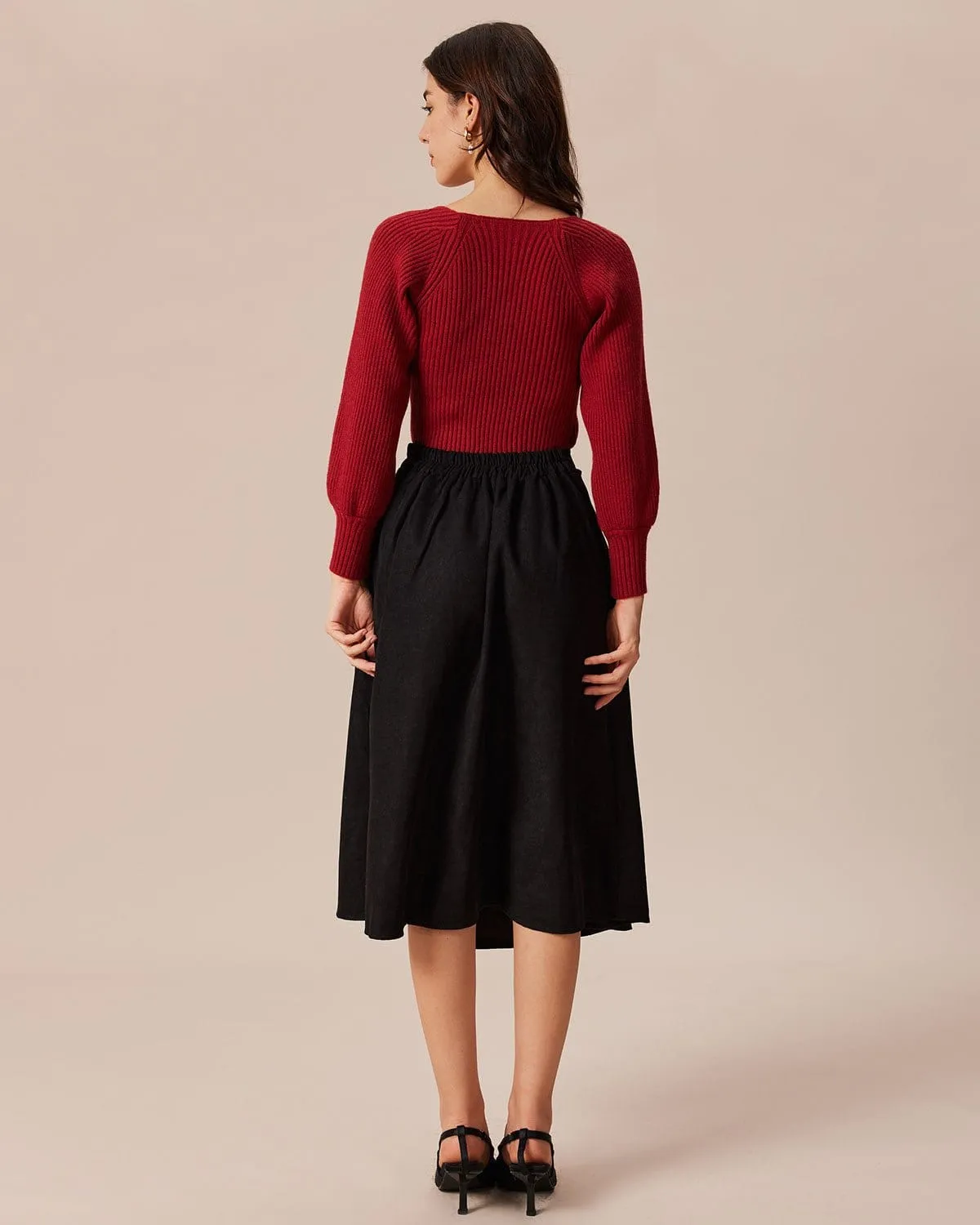 The Red Scoop Neck Lantern Sleeve Sweater