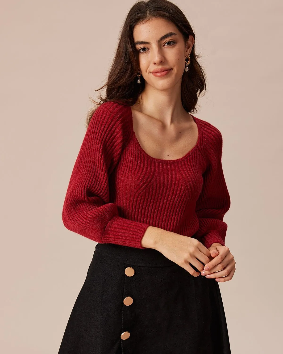 The Red Scoop Neck Lantern Sleeve Sweater