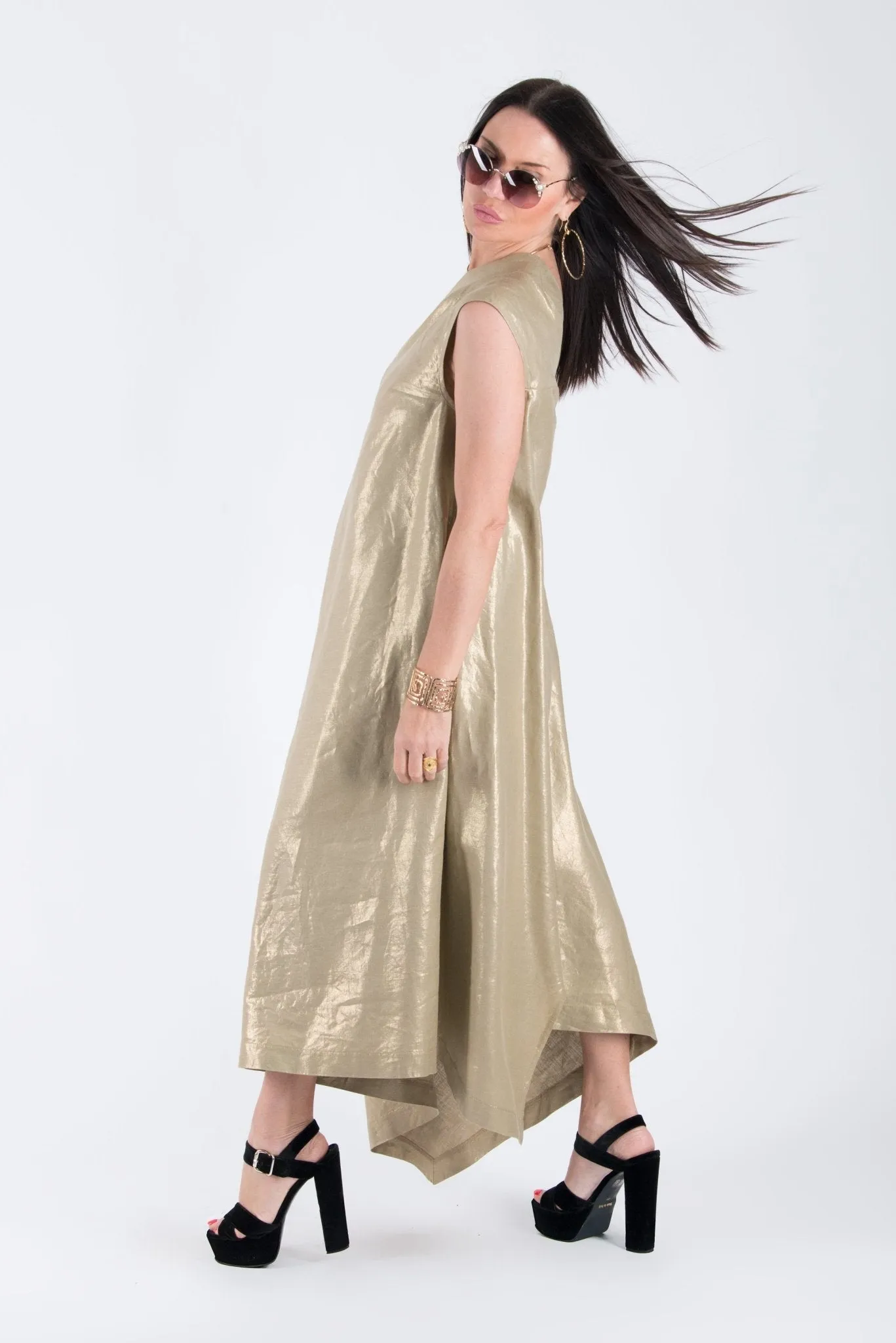 TIFFANY Gold Linen Dress With One Shoulder ON SALE