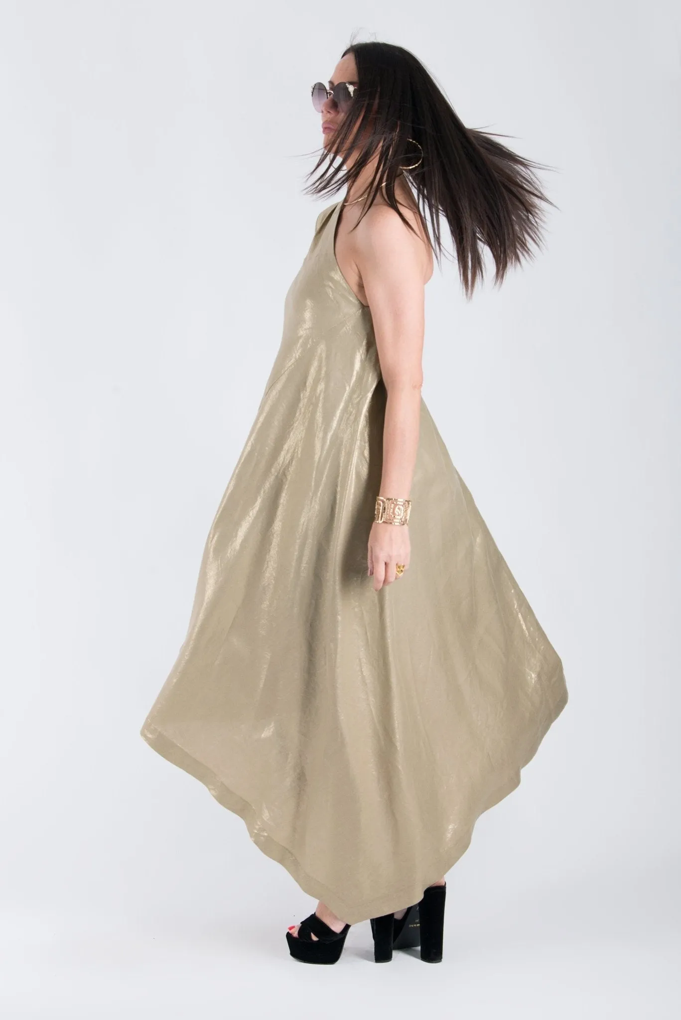 TIFFANY Gold Linen Dress With One Shoulder ON SALE