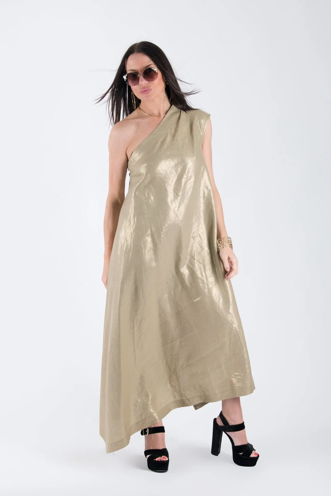 TIFFANY Gold Linen Dress With One Shoulder ON SALE