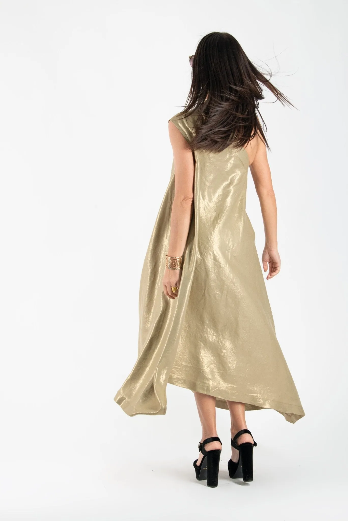 TIFFANY Gold Linen Dress With One Shoulder ON SALE