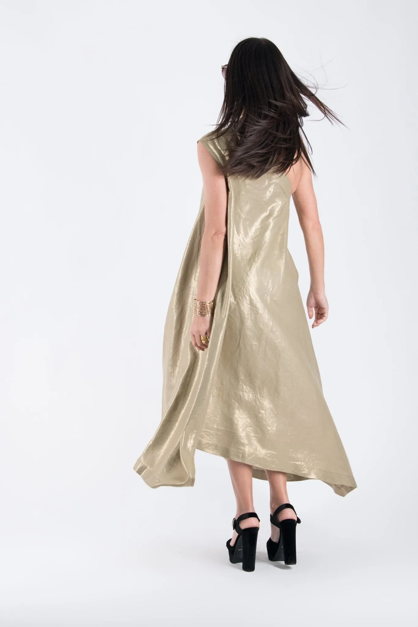 TIFFANY Gold Linen Dress With One Shoulder ON SALE