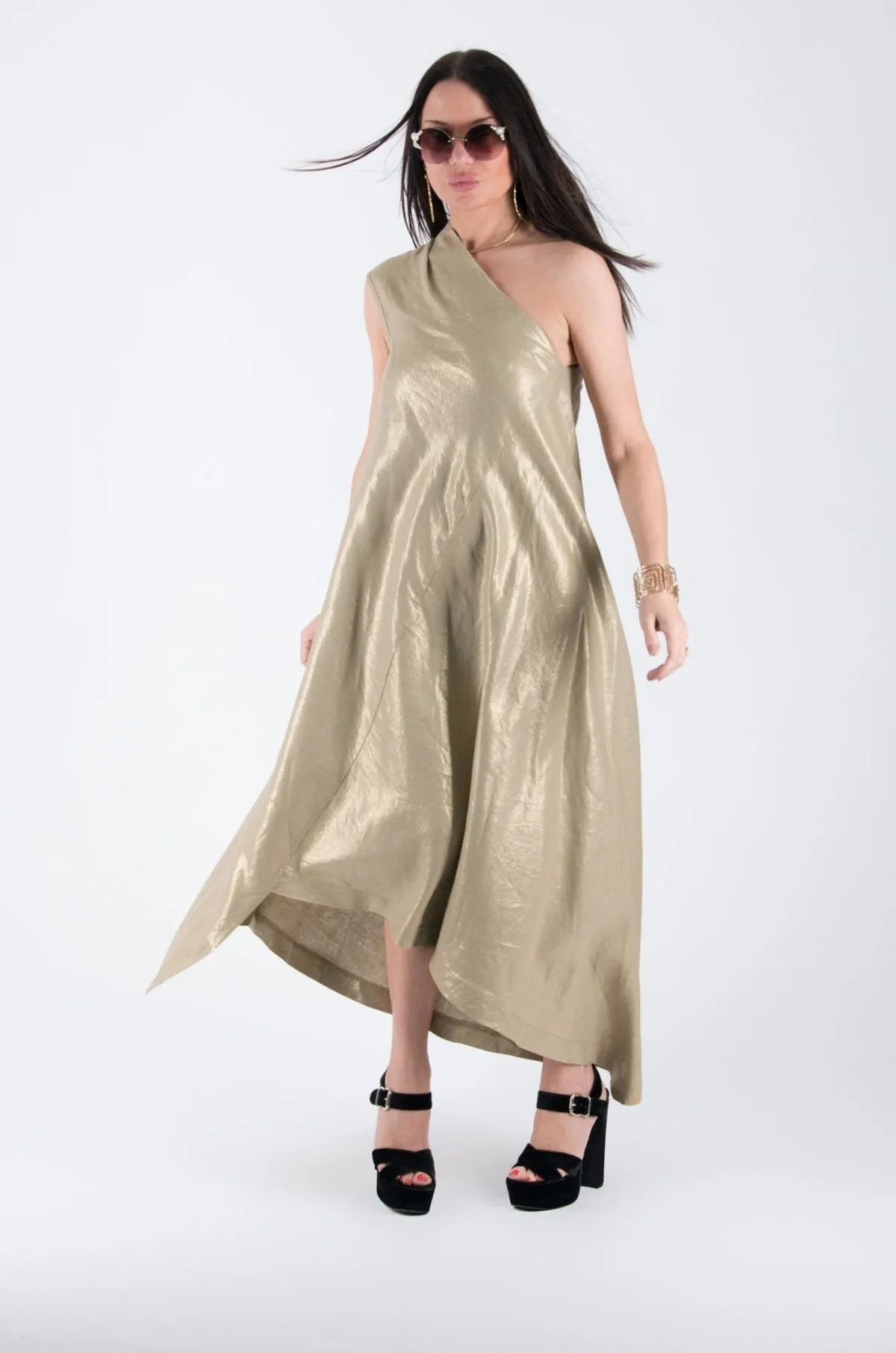 TIFFANY Gold Linen Dress With One Shoulder ON SALE