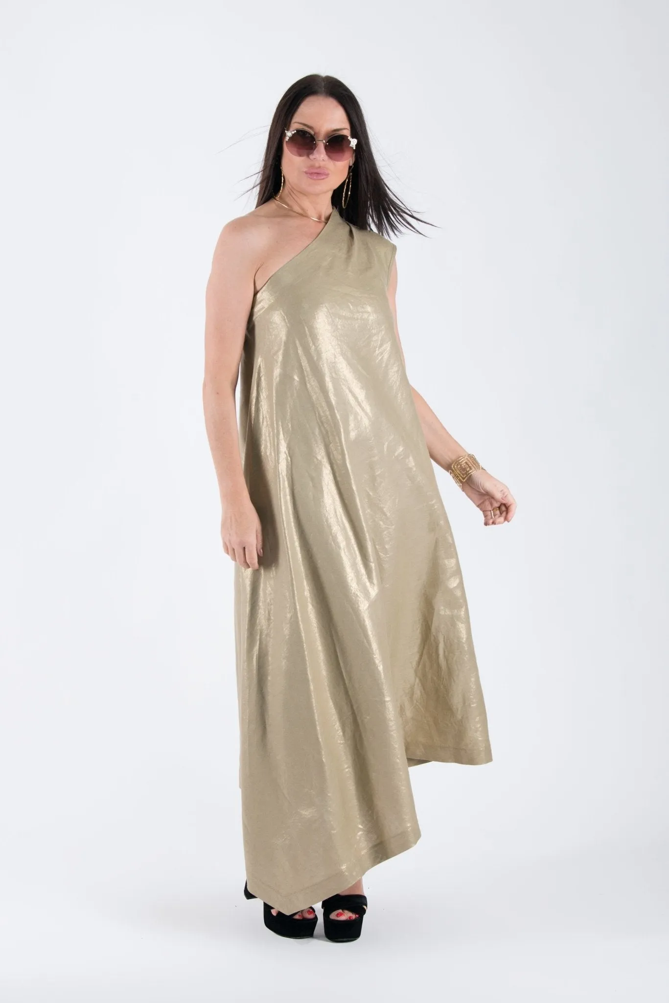 TIFFANY Gold Linen Dress With One Shoulder ON SALE