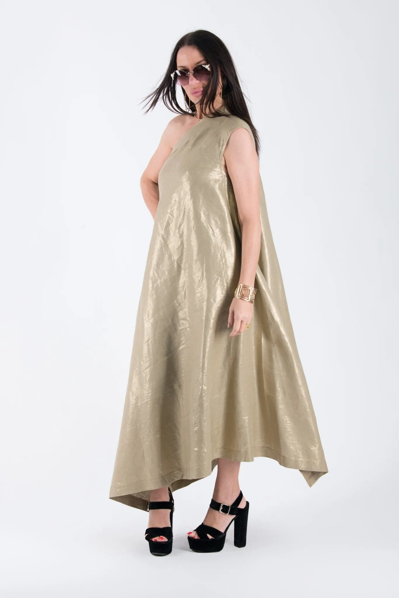 TIFFANY Gold Linen Dress With One Shoulder ON SALE