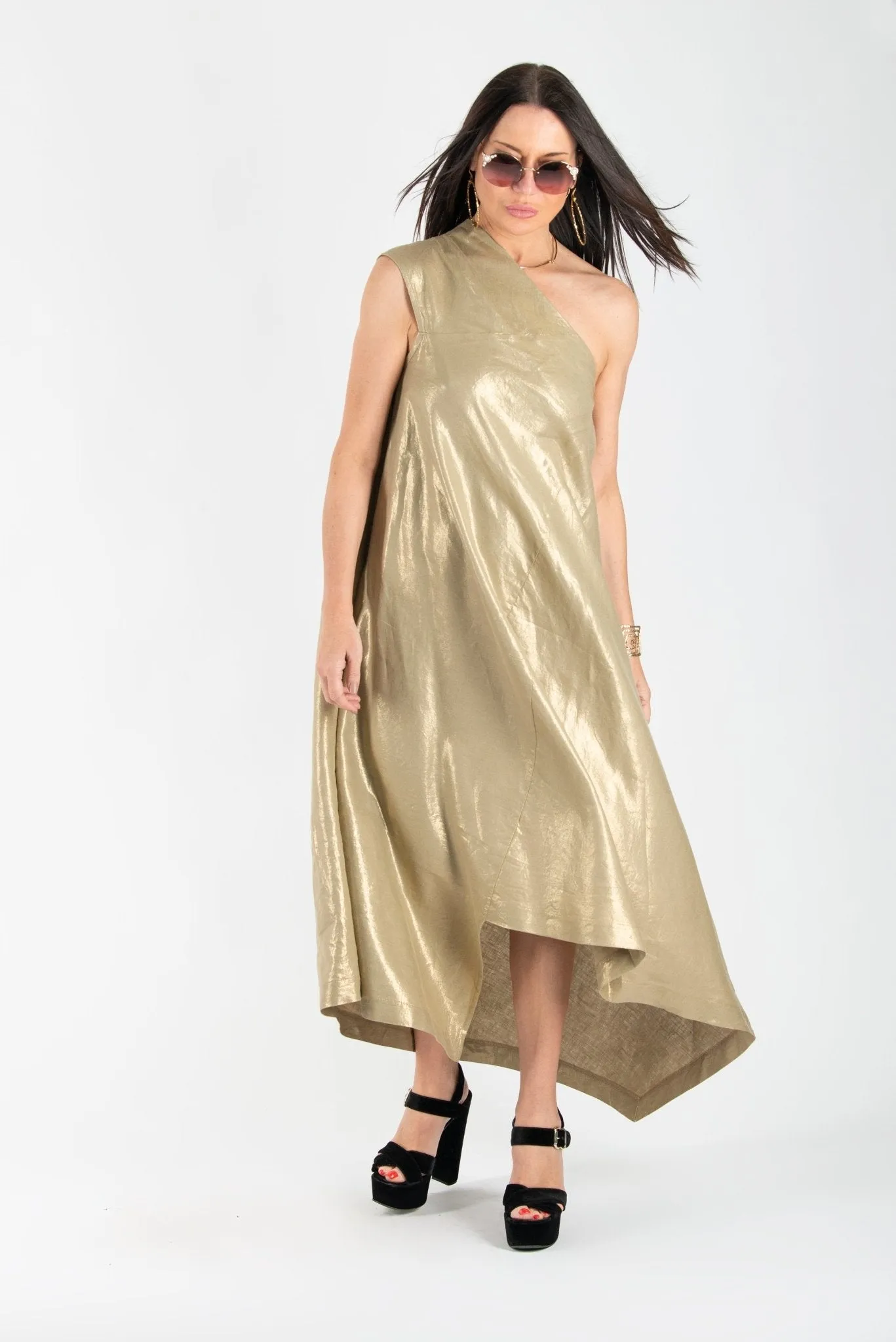 TIFFANY Gold Linen Dress With One Shoulder ON SALE