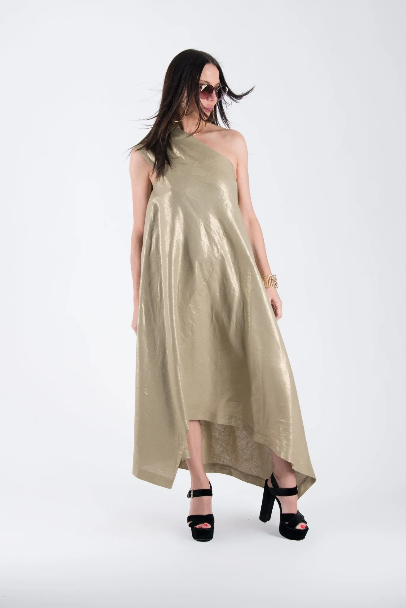 TIFFANY Gold Linen Dress With One Shoulder ON SALE