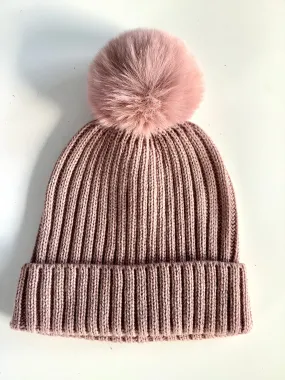 TOUQE Women's mauve rib knit hat faux fur pom pom, NS