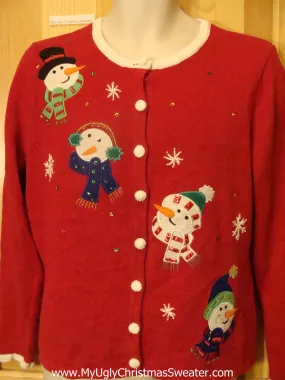 Ugly Red Christmas Sweater with Four Snowmen Heads