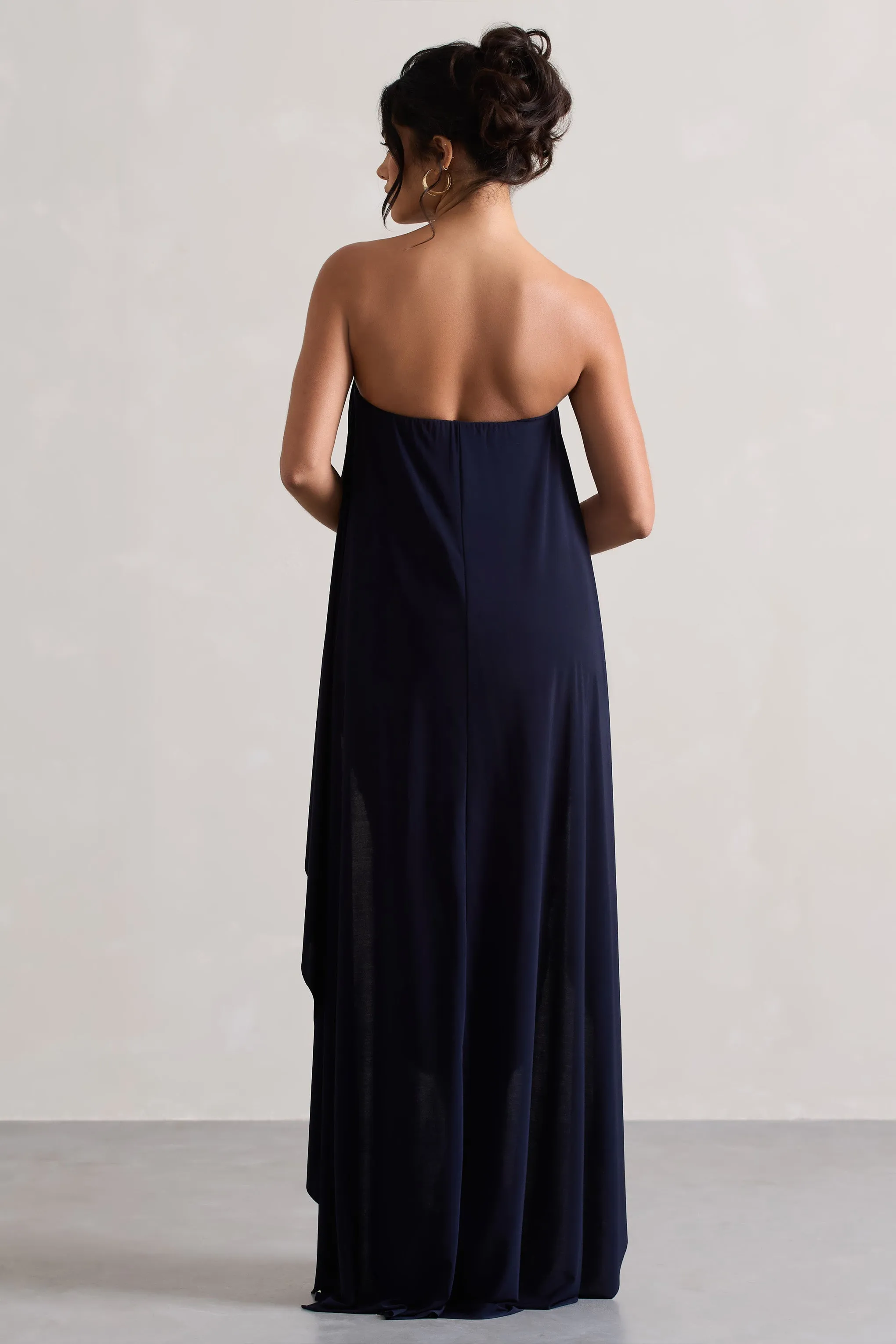 Upon A Time | Navy Ruched Bandeau Midi Dress With Cape