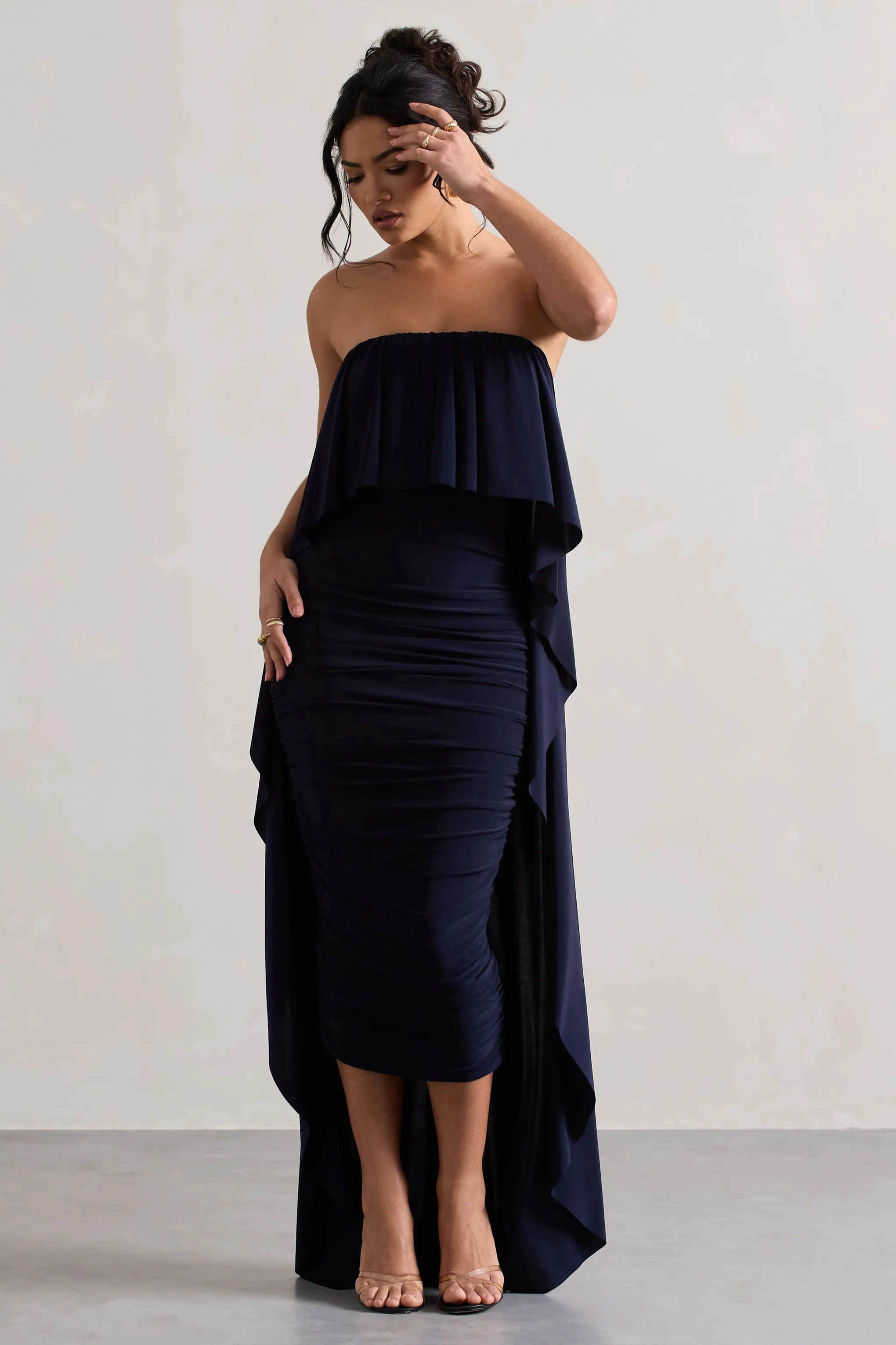 Upon A Time | Navy Ruched Bandeau Midi Dress With Cape