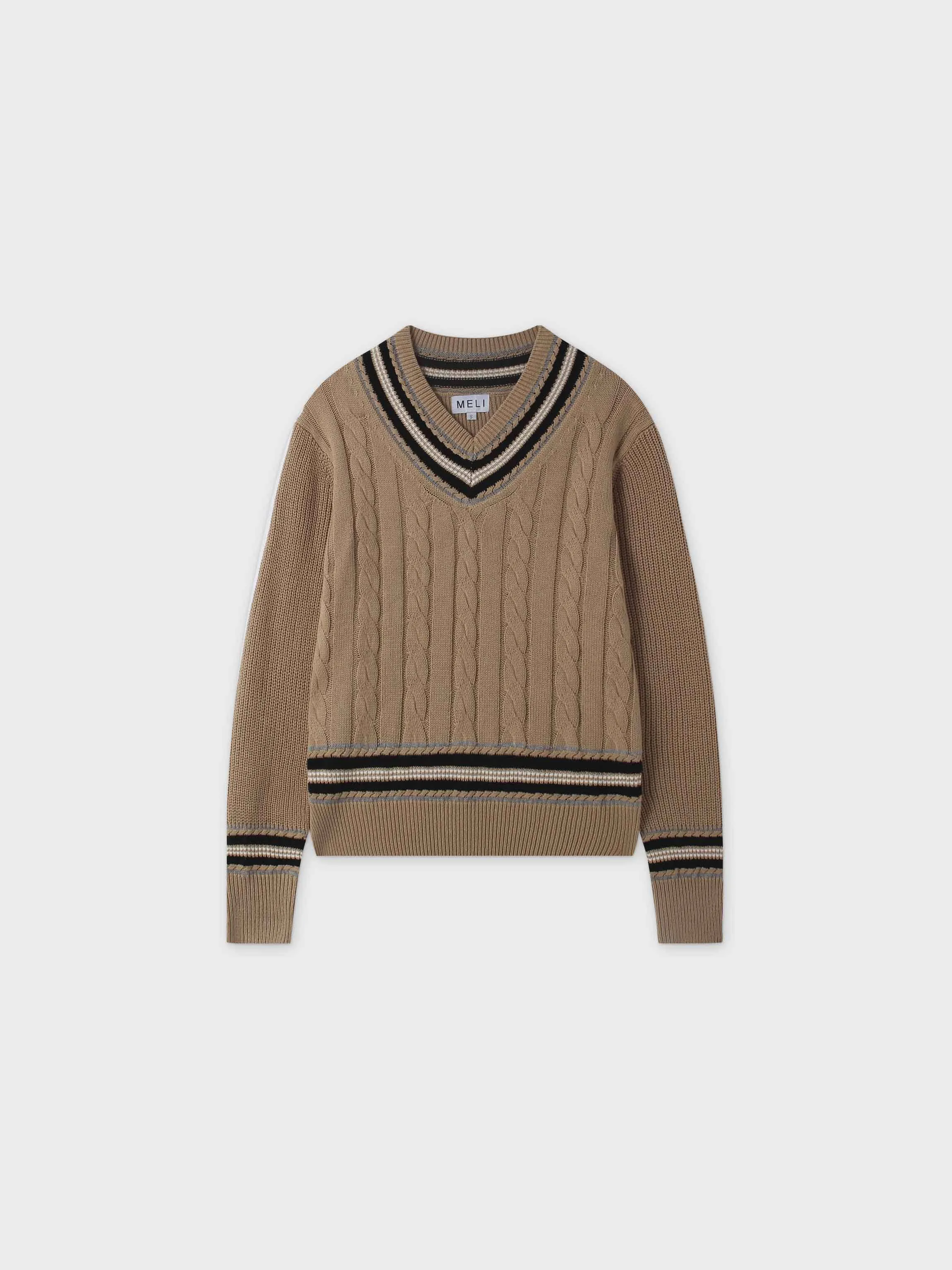 V-Neck Cable Sweater-Tan/Grey