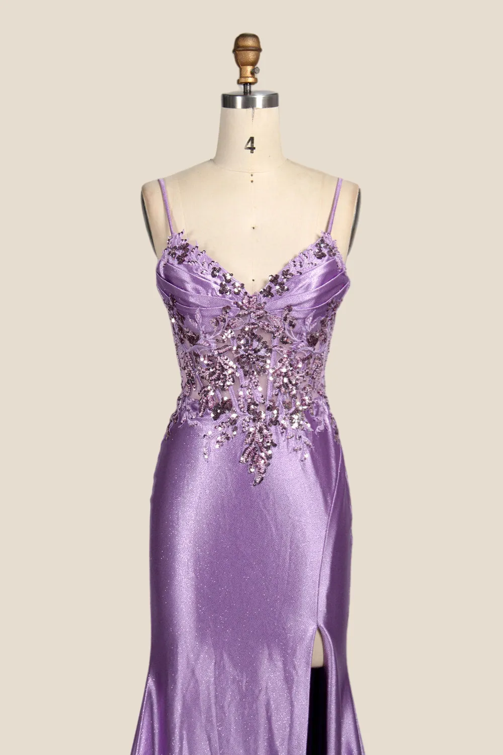 V-neck Purple Sequin Mermaid Long Dress with Slit