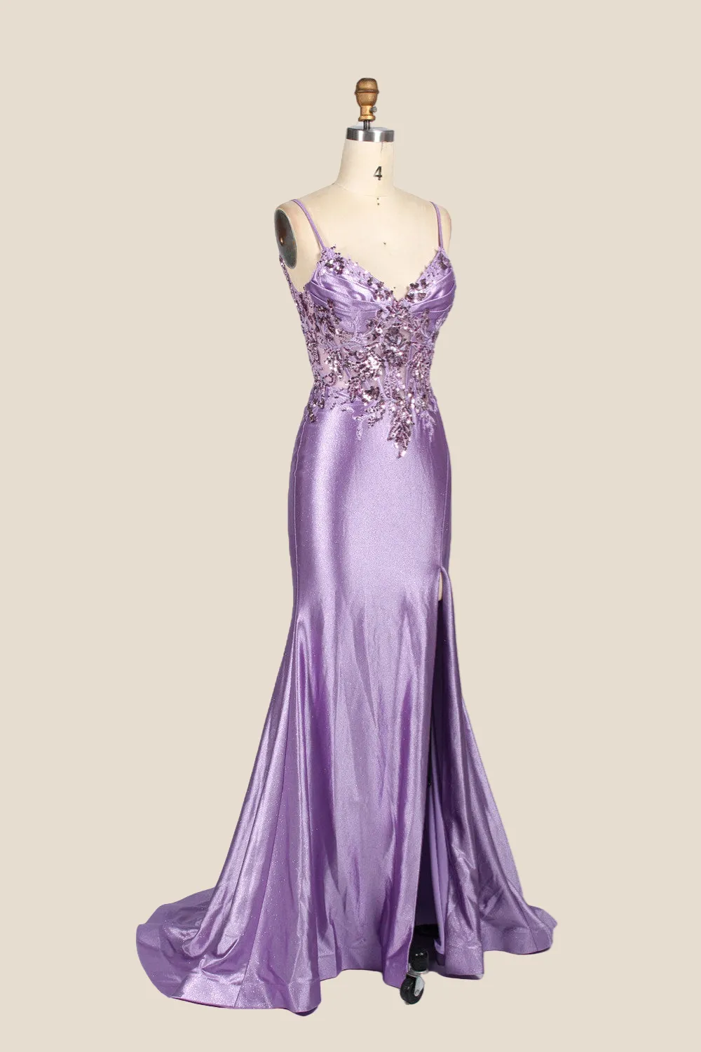 V-neck Purple Sequin Mermaid Long Dress with Slit