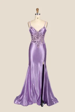 V-neck Purple Sequin Mermaid Long Dress with Slit