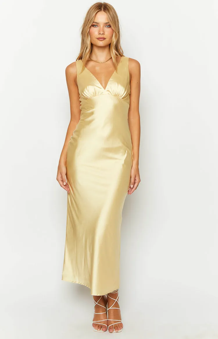 Verlaine Yellow Satin Maxi Dress