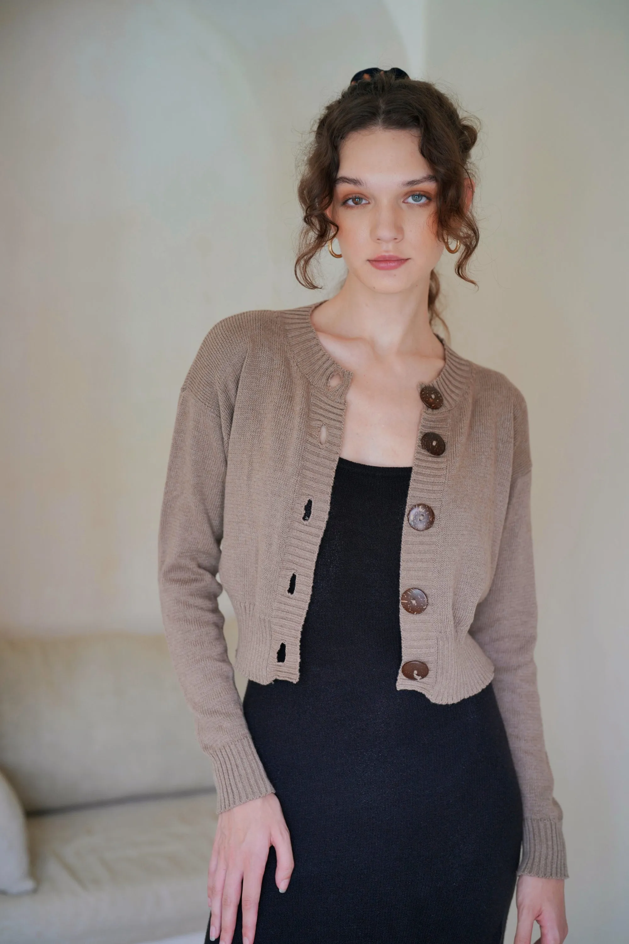 Victoria Coconut Button Cardigan in Khaki