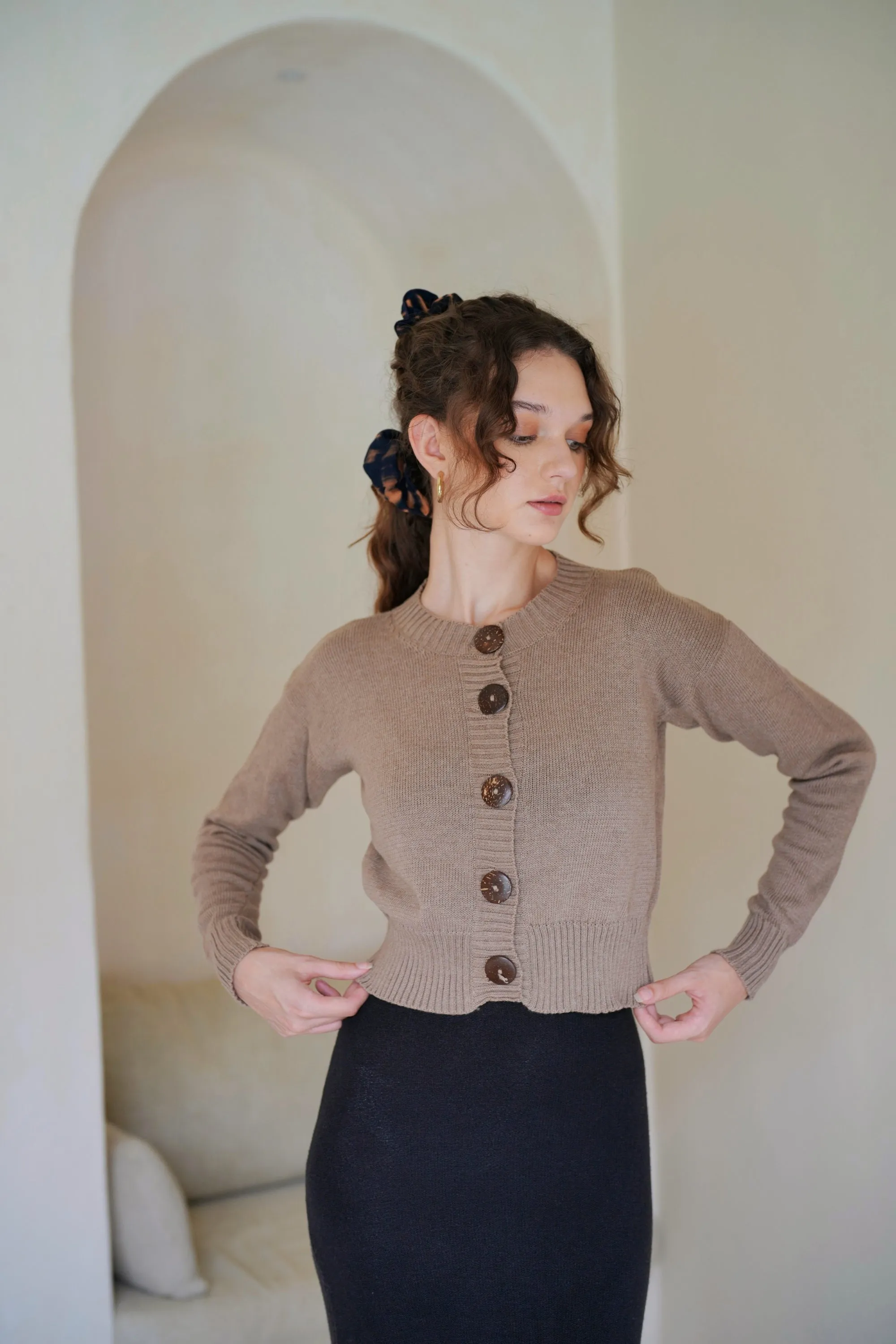 Victoria Coconut Button Cardigan in Khaki