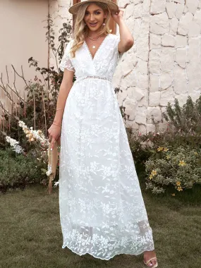 White Short Sleeves V Neck High Waist Cut Out Maxi Boho Dress