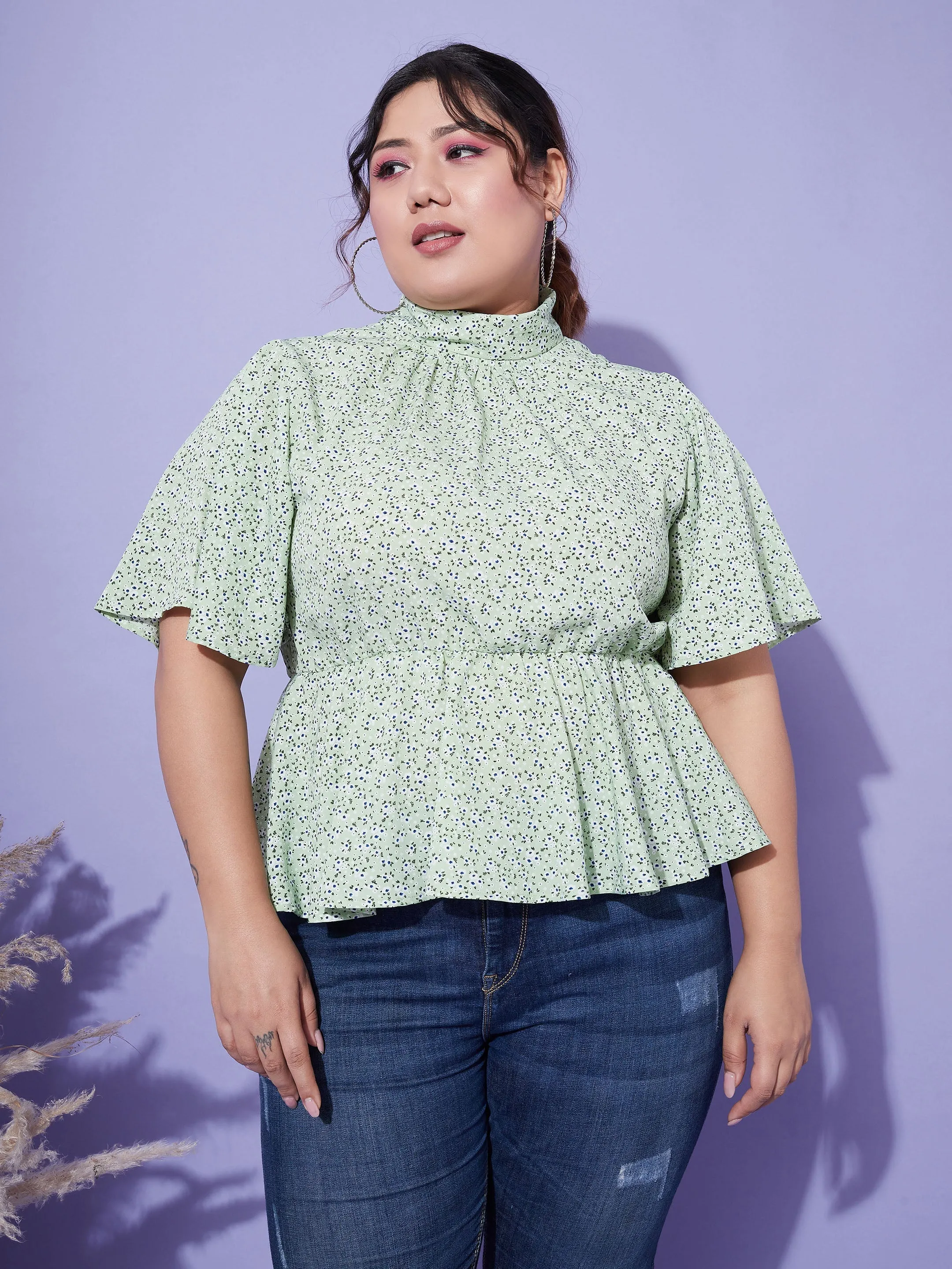 Women Green Floral Back Tie-Up Top