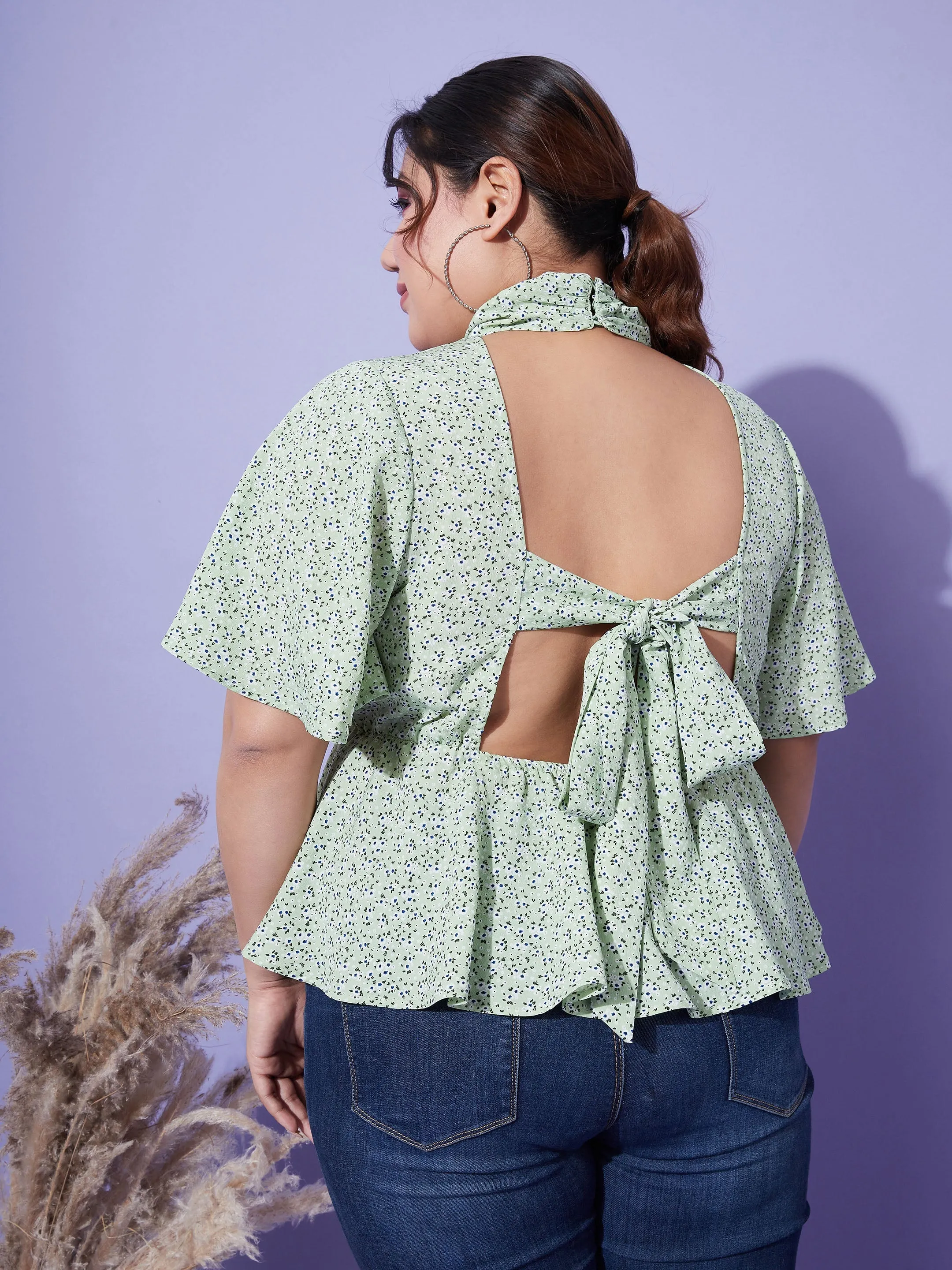 Women Green Floral Back Tie-Up Top