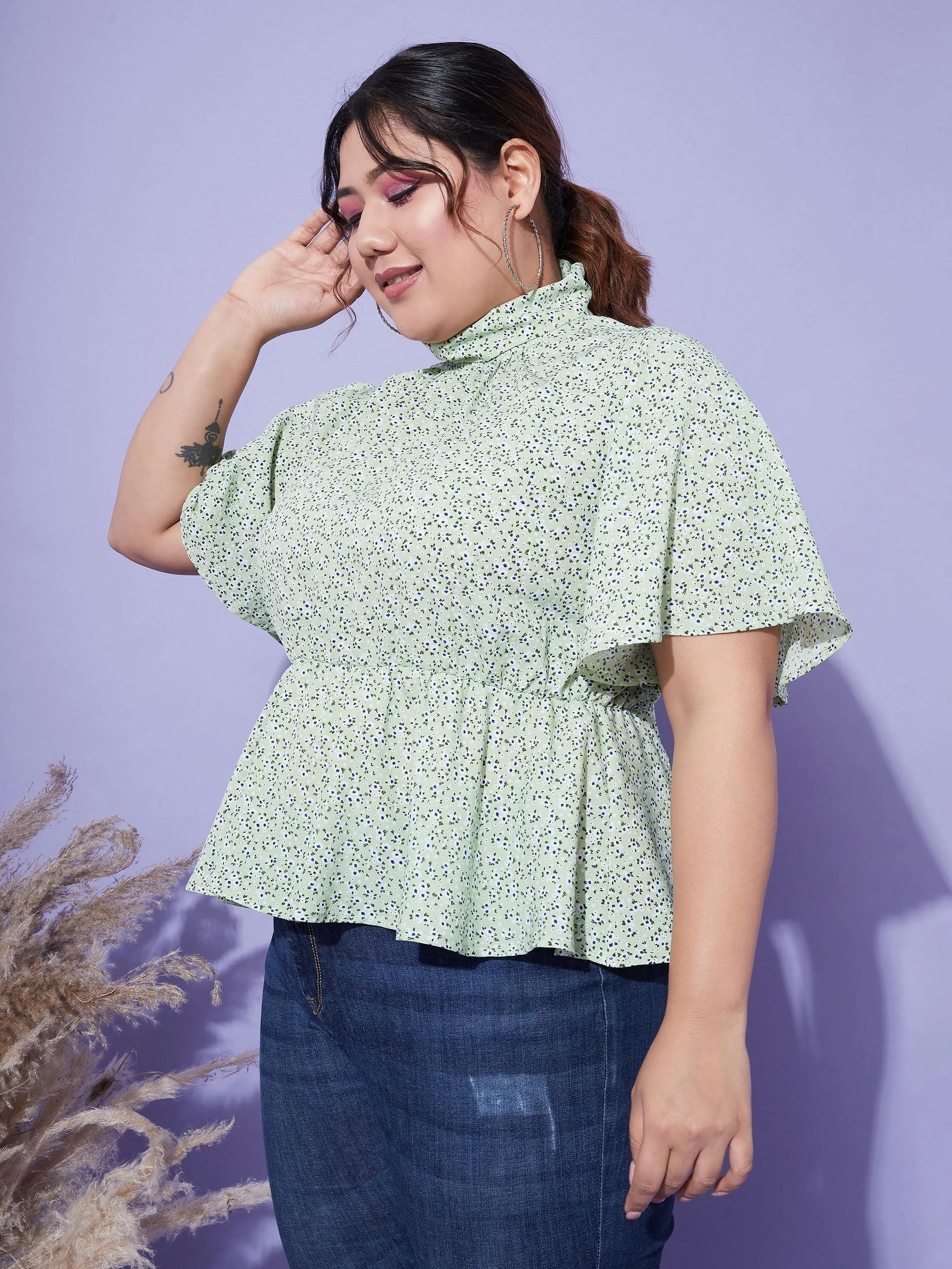 Women Green Floral Back Tie-Up Top