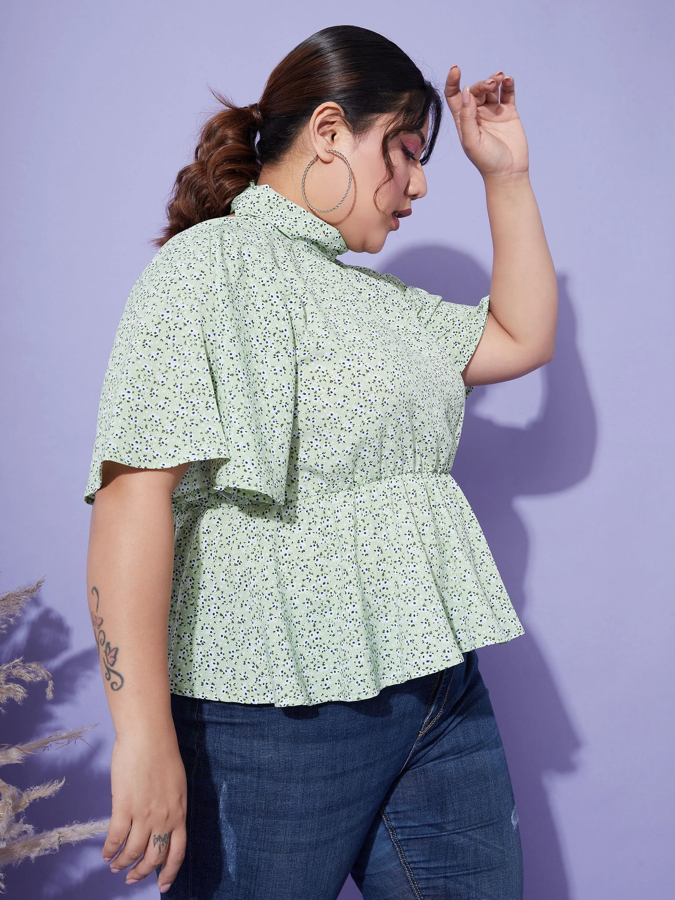 Women Green Floral Back Tie-Up Top