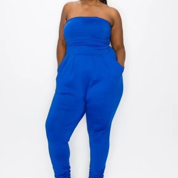 WOMEN OFF SHOULDER BLUE JUMPSUIT - Plus Size