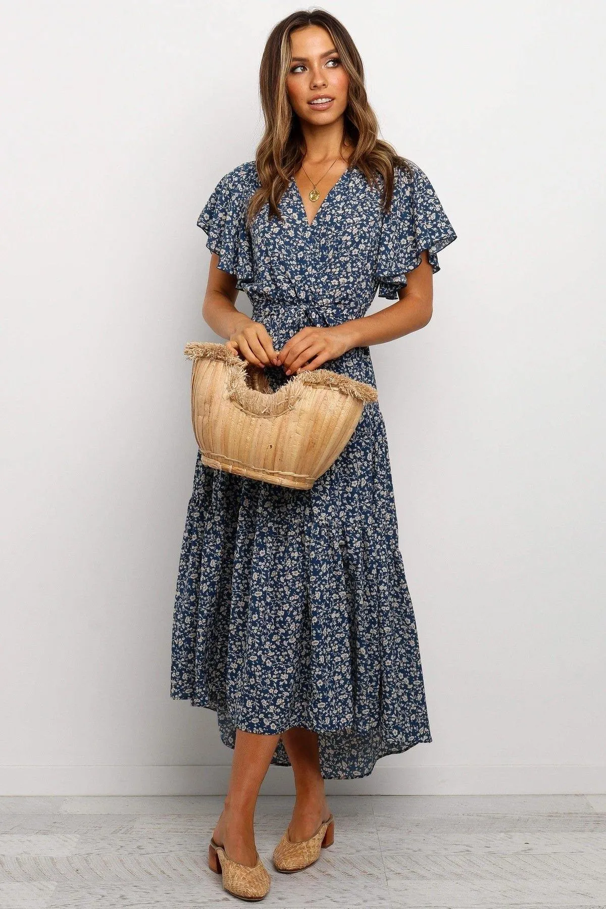 Women Short Sleeves V Neck Midi Dresses