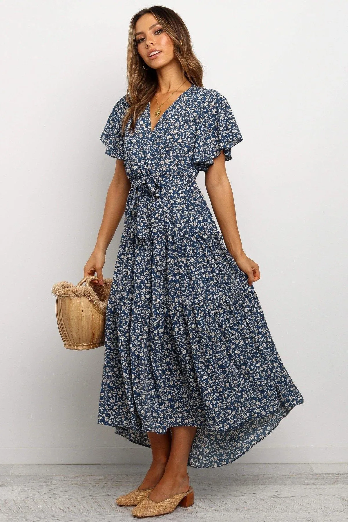 Women Short Sleeves V Neck Midi Dresses